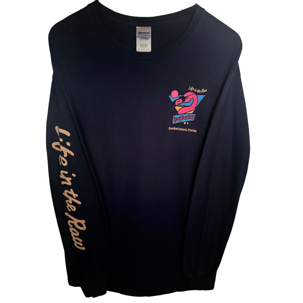Gildan Lazy Flamingo Sanibel Island Long Sleeve Graphic T-Shirt Men's L Navy